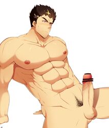 1boy abs absurdres bar_censor bara censored completely_nude erection facial_hair feet_out_of_frame fujimachine_(clayten) highres human human_only large_pectorals looking_to_the_side male male_focus male_only male_pubic_hair mature_male muscular muscular_male navel nipples nude pectorals penis pubic_hair short_hair sideburns solo spread_legs stomach stubble thick_thighs thighs tokyo_afterschool_summoners zabaniyya_(tokyo_afterschool_summoners)