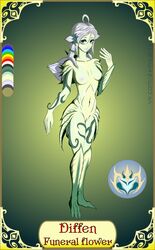 dryad flower green_skin monster_girl oc original_character purple_hair rainbow_eyes small_ass small_breasts tagme