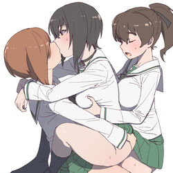 1girls 2futas arms_around_neck ass_grab big_breasts black_hair black_legwear black_neckerchief black_ribbon blush breast breast_grab breasts brown_hair brunette closed_eyes clothed clothing female futa/futa/female futa_with_female futanari girls_und_panzer grabbing grabbing_another's_breast grabbing_breasts green_sailor_collar green_skirt groping group_sex highres human implied_futanari implied_sex kawashima_momo kissing kneehighs koyama_yuzu large_breasts legs_around_partner light-skinned_female light-skinned_futanari light_skin making_out mostly_clothed multiple_girls neckerchief nishizumi_miho no_panties onsen_tamago_(hs_egg) ooarai_school_uniform open_mouth pale-skinned_female pale_skin ribbon sailor_collar school_uniform schoolgirl serafuku short_hair short_ponytail skirt skirt_lift slut_sandwich sweat thighs threesome white_background yuri