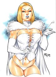 1girls big_breasts blonde_hair blue_eyes breasts bustier cleavage corset dominatrix ed_benes_studio emma_frost evening_gloves female fred_benes hellfire_club huge_breasts lingerie looking_at_viewer looking_down marvel marvel_comics opera_gloves riding_crop short_hair solo solo_female white_lingerie white_queen x-men