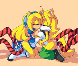 ayb black_shirt blonde_fur blonde_hair blue_dress blush bodily_fluids boots breasts breasts cum cum_in_ass cum_on_body eyelashes fan_character green_pants hedgehog kissing making_out maria_robotnik maria_the_hedgehog original_character sex_from_behind shorts_around_ankles sonic_(series) sonic_the_hedgehog_(series) tentacle tentacle_rape tentacle_sex yuri