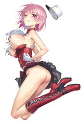 big_breasts blush boots bubble_butt convenient_censoring female female_only full_body giuseppe_garibaldi_(kantai_collection) gloves hat high_heel_boots hisashi_(nekoman) kantai_collection looking_at_viewer no_bra no_panties one_eye_closed pink_eyes pink_hair short_hair sleeveless solo sweatdrop torn_clothes upskirt white_background white_gloves