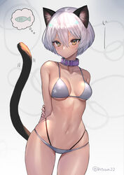 animal_ears arms_behind_back bikini black_tail bob_cut breasts cat_ears cat_tail cleavage collar cowboy_shot female female_only gradient gradient_background grey_bikini highres hitowa leather_collar looking_at_viewer medium_breasts navel original revealing_clothes short_hair silver_hair simple_background solo swimsuit tail thinking wide_hips yellow_eyes