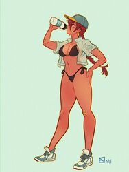 aubrey_(sea_legs) bandages bandaid_on_knee bikini brown_hair brunette cleavage clevage drinking earrings freckles hat long_hair ndasfw ponytail red_hair sea_legs shirt shoes side_tie_bikini sweat tan_skin thick_thighs