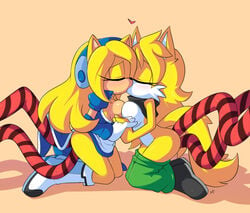 ayb black_shirt blonde_fur blonde_hair blue_dress blush bodily_fluids boots breasts eyelashes fan_character green_pants hedgehog kissing making_out maria_robotnik maria_the_hedgehog original_character sex_from_behind shorts_around_ankles sonic_(series) tentacle tentacle_rape tentacle_sex yuri