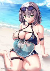 :o arm_strap arm_support ball bangs bare_shoulders barefoot beach beachball bikini bikini_skirt blue_sky blush breasts cleavage cloud excaliblader eyebrows_visible_through_hair eyewear_on_head female front-tie_bikini front-tie_top green_eyes grey_hair hair_between_eyes halterneck hololive hololive_fantasy hololive_japan looking_at_viewer medium_hair ocean outdoors pleated_skirt sand see-through shirogane_noel sideboob sitting skirt sky solo sunglasses swimsuit thigh_strap two-tone_swimsuit underboob virtual_youtuber