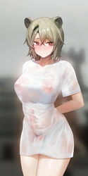 1futa absinthe_(arknights) absurdres alternate_costume animal_ears arknights arms_behind_back balls bangs bear_ears big_breasts big_penis black_hairband blurry blurry_background blush bottomless breasts brown_hair bulge closed_mouth clothed clothing collarbone covered_nipples covered_testicles cowboy_shot depth_of_field erection erection_under_clothes futa_only futanari hair_between_eyes hairband hidden_curves highres humanoid humanoid_penis kemonomimi large_breasts light-skinned_futanari light_skin looking_at_viewer mo_ne mostly_clothed nipple_piercing nipples_visible_through_clothing no_pants pajamas_challenge pale_skin penis piercing red_eyes see-through shirt shirt_pull shirt_tighten_meme short_hair short_sleeves solo standing t-shirt/pajamas_challenge testicles wet wet_clothes wet_shirt white_shirt