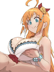 1boy :> ahoge bangs blue_eyes bow bracelet braid breast_squeeze breasts commentary cum ejaculation eyebrows_visible_through_hair female hairband ishinoyari jewelry large_breasts long_hair mammary_intercourse orange_hair paizuri paizuri_under_clothes pecorine penis princess_connect! princess_connect!_re:dive projectile_cum red_bow side_braid simple_background smile solo_focus straight swimsuit very_long_hair white_background white_hairband white_swimsuit