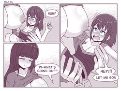 2girls blue_eyes breast_feeding breast_sucking breasts cleavage closed_eyes comic english_text giantess huge_breasts inksgirls lactation long_hair macro_female micro_female micro_on_breasts micro_on_macro micro_on_nipple monochrome page_5 ponytail shirt_lift shrinking shrunk shrunken_woman size_difference small_clothes