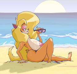 activision anthro barefoot beach big_breasts bikini bikini_bottom blonde_hair crash_(series) crash_bandicoot_(series) eyewear_removed feet female fur furry green_eyes long_blonde_hair long_hair nipples solo stranga summer sunglasses_removed sunrise tawna_bandicoot