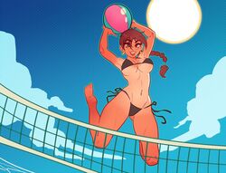 aubrey_(sea_legs) beach_ball beach_volleyball bikini black_bikini braid braided_hair brown_eyes cleavage cloud earrings freckles jumping long_hair ndasfw red_hair sea_legs sky_background sun tanline tanned_female thick_thighs toned_female volleyball