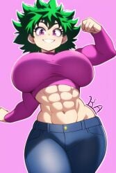 1girls abs ai_generated big_ass big_breasts big_butt bimbo bimbofication bimbofied buff crop_top female female_deku female_only flexing genderbent genderswap genderswap_(mtf) green_hair gym_bunny horny horny_female hypnosis izuku_midoriya krystalizedart mind_control muscular my_hero_academia nai_diffusion pink_eyes rule_63 shorts smile solo stable_diffusion stomach