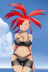 1girls allbeatnik big_breasts black_swimsuit breasts cameltoe cloud female_focus flannery_(pokemon) hand_on_chest light-skinned_female long_hair looking_at_viewer nipples ocean outdoors pokemon pokemon_oras pokemon_rgby red_eyes red_hair tagme tongue_out twitter_username wink