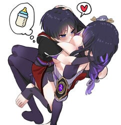 1220_(fowlr) 1boy 1girls between_breasts blue_eyes blush bottle braid breasts cleavage commentary female flower genshin_impact hair_ornament head_between_breasts headpat heart heart-shaped_pupils incest japanese_clothes kimono large_breasts long_hair milk_bottle mother_and_son purple_flower purple_hair raiden_shogun scaramouche_(genshin_impact) simple_background spoken_heart stirrup_legwear straight symbol-only_commentary symbol-shaped_pupils thighhighs thought_bubble toeless_legwear white_background