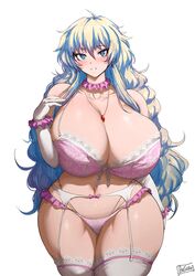 1girls batako big_breasts breasts cleavage curvaceous curvy female female_focus garter_belt garter_straps hips huge_breasts large_breasts long_hair looking_at_viewer nia_teppelin pink_lingerie simple_background tengen_toppa_gurren_lagann thick_thighs thighs venus_body voluptuous watermark white_background wide_hips