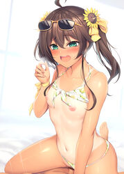 1boy absurdres ahoge bangs bikini bikini_aside bikini_lift blush breasts brown_hair clothes_lift clothing_aside collarbone cowgirl_position eyebrows_visible_through_hair eyewear_on_head female female_pubic_hair flower green_eyes hair_between_eyes hair_flower hair_ornament hanpenmaru highres hololive hololive_gen_1 hololive_japan long_hair motion_lines natsuiro_matsuri navel nipples one-piece_tan one_eye_closed open_mouth penis pubic_hair saliva sex side_ponytail small_breasts solo_focus straddling straight sunflower_hair_ornament sunglasses sweat swimsuit tan tanlines teeth upper_teeth vaginal_penetration virtual_youtuber