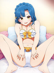 bangs bare_arms bare_shoulders barefoot bed bikini blue_hair blush bow braid breasts cleavage collarbone commentary_request crown_braid feet_out_of_frame female frilled_bikini frills hair_ornament hairbow halter_top halterneck hands_on_own_thighs highres idolmaster idolmaster_million_live! idolmaster_million_live!_theater_days indoors kabayaki_unagi knees_up looking_at_viewer medium_breasts medium_hair nanao_yuriko navel on_bed open_mouth orange_bikini orange_bow pillow sitting solo spread_legs spread_pussy_under_clothes star_(symbol) star_hair_ornament stomach sweat swimsuit two-tone_bikini v-shaped_eyebrows white_bikini yellow_eyes