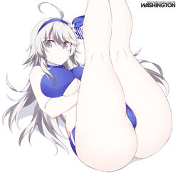 :< ahoge big_breasts bikini blue_bikini cameltoe cleavage feet_out_of_frame female female_only grey_eyes hair_ribbon hairband kantai_collection legs_up long_hair on_back pale-skinned_female pale_skin shigino_sohuzi silver_eyes silver_hair solo spiky_hair swimsuit thick_thighs underboob washington_(kantai_collection) wide_hips