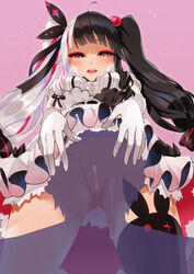 1boy ahoge animal_print asymmetrical_hair bangs bar_censor black_hair blush breasts bunny_print censored clothes_lift cunnilingus dress dress_lift elbow_gloves eyebrows_visible_through_hair female foreshortening frills from_below gloves hair_bobbles hair_ornament half-closed_eyes hands_on_another's_head highres inukai_mofu long_hair looking_at_another medium_breasts multicolored_hair nijisanji no_panties open_mouth oral petticoat pink_background pussy pussy_juice red_eyes red_hair ribbon single_thighhigh smile solo_focus split-color_hair straight streaked_hair thighhighs transparent twintails two-tone_hair very_long_hair virtual_youtuber white_dress white_gloves white_hair yorumi_rena