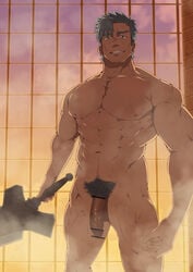 1boy abs bar_censor bara bercouli biceps blue_eyes blue_hair bodybuilder censored completely_nude daddy dilf earrings facial_hair flaccid highres holding holding_sword holding_weapon jewelry large_pectorals looking_at_viewer male_focus male_only male_pubic_hair mature_male muscular muscular_male navel_hair nipples nude oro9 parted_lips pecs pectorals penis pointless_censoring pubic_hair sauna scar scar_on_face scar_on_nose short_hair smirk smooth_skin solo solo_male standing steam stubble sword sword_art_online sword_art_online:_alicization teeth testicles thick_eyebrows thighs uncle weapon wet zaddy