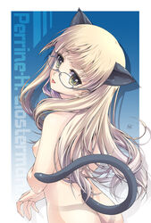 animal_ears ass blonde_hair blue_background blush border breasts cat_ears cat_tail character_name commentary eyebrows_visible_through_hair female glasses highres long_hair looking_at_viewer looking_back mao_(6r) nipples nude perrine_h_clostermann shiny shiny_hair simple_background small_breasts solo strike_witches tail tongue tongue_out upper_body white_border world_witches_series yellow_eyes