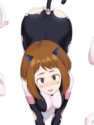 all_fours anal anal_object_insertion animal_ear_fluff animal_ears ass bangs blush blush_stickers bodysuit breasts brown_eyes brown_hair buttplug buttplug_tail cat_ears commentary fake_tail female from_above haeil2 highres looking_at_viewer looking_up medium_breasts my_hero_academia object_insertion ochako_uraraka open_mouth revision sex_toy shiny shiny_hair short_hair solo tail tongue torn_bodysuit torn_clothes white_background