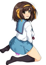 bangs black_legwear blue_sailor_collar blue_skirt blush bob_cut bow breasts brown_eyes brown_hair clothed_masturbation commentary dildo dress_shirt eyebrows_visible_through_hair female from_side full_body hair_ribbon hair_strand hairband hairbow haruhisky highres kita_high_school_uniform kneehighs kneeling large_breasts long_sleeves looking_at_viewer looking_back looking_to_the_side masturbation nervous nervous_smile nose_blush open_mouth pussy_juice pussy_juice_puddle pussy_juice_trail red_ribbon ribbon sailor_collar school_uniform serafuku sex_toy shirt short_hair simple_background skirt smile solo spread_legs suzumiya_haruhi suzumiya_haruhi_no_yuuutsu sweatdrop white_background white_shirt yellow_bow yellow_hairband yellow_ribbon