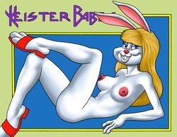 anthro blonde_hair blue_eyes erect_nipples eyelashes female large_breasts long_hair phantom_bunny sandals solo toonytease tooth_gap white_fur