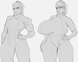 abs alternate_breast_size big_breasts big_thighs breast_expansion breasts huge_breasts large_breasts large_thighs metroid monochrome muscles muscular muscular_female nintendo nipple_bulge samus_aran slightly_chubby strongmoist thick_thighs thighs thunder_thighs wide_hips