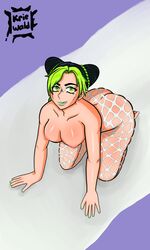 breasts fishnets green_eyes green_hair jojo's_bizarre_adventure jolyne_kujo kriewald on_knees pose smile stone_ocean tongue_out