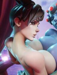 2girls 3d athletic_female big_breasts blizzard_entertainment breadblack breast_press breast_squish breast_to_breast breasts brown_eyes earrings eyewear_on_head female female_only high_resolution highres human large_breasts long_hair looking_at_viewer looking_back overwatch ponytail tracer widowmaker