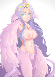 absurdres animal_ears areolae bird_ears bird_legs breasts commentary english_commentary feathered_wings feathers female gem green_eyes harpy highres jewelry large_areolae long_hair medium_breasts mon-musu_quest! mon-musu_quest:_paradox monster_girl monster_girl_quest monster_girl_quest_paradox navel necklace nipples nude pink_feathers pink_wings purple_hair queen_harpy_(mon-musu_quest!) refrone simple_background smile solo tiara very_long_hair white_background winged_arms wings