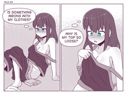 2girls blue_eyes breast_feeding breast_sucking breasts cleavage closed_eyes comic english_text giantess huge_breasts inksgirls long_hair macro_female micro_female micro_on_breasts micro_on_macro micro_on_nipple monochrome page_7 ponytail shirt_lift shrinking shrunk shrunken_woman size_difference small_clothes