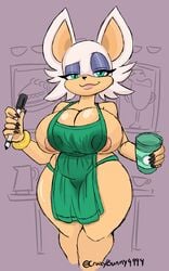 1girls anthro apron areolae christomwow eyes_half_open huge_breasts iced_latte_with_breast_milk looking_at_viewer meme mostly_nude rouge_the_bat smile smiling sonic_(series) starbucks string_panties thick_thighs turquoise_eyes white_fur