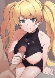 1boy areolae bandaid bandaid_on_face bangs bare_shoulders black_shirt black_shorts blonde_hair breasts censored clothes_lift eyebrows_visible_through_hair female granblue_fantasy grey_eyes handjob highres ishinoyari large_breasts long_hair looking_at_another monika_weisswind mosaic_censoring nipples penis shirt shirt_lift short_shorts shorts sitting sleeveless sleeveless_shirt smile solo_focus straight twintails very_long_hair