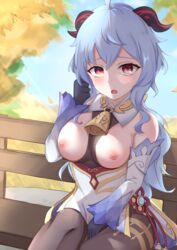 bangs bare_shoulders bell between_breasts between_thighs black_gloves blue_hair blush breasts chinese_knot clothes_between_breasts curled_horns detached_sleeves female ganyu_(genshin_impact) genshin_impact gloves gold_trim highres horns lank_(lankdesu) large_breasts long_hair looking_at_viewer neck_bell nipples nose_blush purple_eyes sidelocks sitting solo thighlet vision_(genshin_impact) white_sleeves