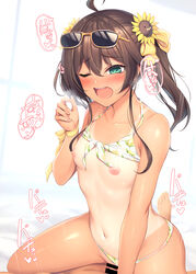 1boy absurdres ahoge bangs bar_censor bikini bikini_aside bikini_lift blush breasts brown_hair censored clothes_lift clothing_aside collarbone commentary_request cowgirl_position eyebrows_visible_through_hair eyewear_on_head female flower green_eyes hair_between_eyes hair_flower hair_ornament hanpenmaru highres hololive hololive_gen_1 hololive_japan long_hair motion_lines natsuiro_matsuri navel nipples one-piece_tan one_eye_closed open_mouth penis saliva sex side_ponytail small_breasts solo_focus straddling straight sunflower_hair_ornament sunglasses sweat swimsuit tan tanlines teeth upper_teeth virtual_youtuber