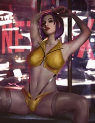 1futa arms_above_head arms_up big_breasts breasts bulge cigarette clothed clothing cowboy_bebop erect_penis erection faye_valentine futa_only futanari handcuffed handcuffs human large_breasts light-skinned_futanari light_skin mostly_nude paid_reward pale_skin penis_under_clothes purple_hair realistic shikari sitting smoking solo spread_legs thighhighs yellow_clothing