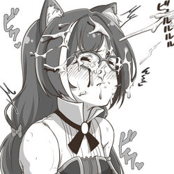 animal_ear_fluff animal_ears bare_shoulders bespectacled blush bow cat_ears closed_eyes closed_mouth commentary_request cum cum_on_glasses cum_on_hair facial female full-face_blush glasses greyscale hairbow highres karyl_(princess_connect!) long_hair monochrome out_of_frame princess_connect! ramanda simple_background solo sweat wavy_mouth white_background