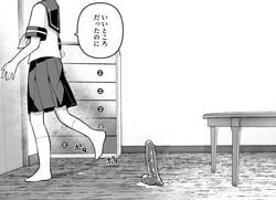 chest_of_drawers commentary dildo door dripping female from_side greyscale head_out_of_frame monochrome no_shoes original pleated_skirt pussy_juice pussy_juice_puddle sailor_collar sex_toy skirt socks solo table tanaka_ahiru translated