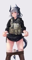 arknights bangs black_legwear black_skirt blush bulletproof_vest clothes_lift clothes_pull commentary dragon_girl dragon_horns dragon_tail eyebrows_visible_through_hair female grey_background highres horns lifted_by_self liskarm_(arknights) liskarm_(overload)_(arknights) long_hair looking_away looking_to_the_side miniskirt official_alternate_costume orange_eyes panties panty_pull pantyhose pantyhose_pull peeing peeing_self sawkm silver_hair simple_background skirt skirt_lift solo stained_panties standing tactical_clothes tail underwear urine white_panties