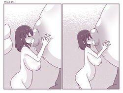 2girls blue_eyes breast_feeding breast_sucking breasts closed_eyes comic giantess huge_breasts inksgirls lactation lactation_without_expressing long_hair macro_female micro_female micro_on_breasts micro_on_macro micro_on_nipple monochrome nude nude_female page_19 shirt_lift shrinking shrunk shrunken_woman size_difference