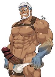 1boy 41raco abs aegir_(tokyo_afterschool_summoners) anchor_earrings aqua_hair bar_censor bara beard blue_eyes bulge censored chest_harness clothes_pull clothing_aside come_hither dark-skinned_male dark_skin earrings erection eyewear_on_head facial_hair feet_out_of_frame fingernails fins fish_boy harness highres jewelry kirupi large_pectorals large_penis leather male male_focus male_only male_pubic_hair male_swimwear mature_male multicolored_hair muscular muscular_male navel nipples pectorals penis pubic_hair pulled_by_self seductive_smile sharp_fingernails short_hair single_earring skindentation smile solo stomach streaked_hair sunglasses swim_briefs swimsuit swimsuit_aside tan tanlines thick_thighs thighs tokyo_afterschool_summoners topless_male veins veiny_penis white_hair white_male_swimwear