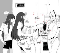 ... 1futa 3girls :q ^^^ bent_over blush bottomless breasts cabinet clothed clothing dishes duo faucet female from_side futa_with_female futanari girls'_frontline greyscale headgear human huqu implied_futanari indoors ladle long_hair low_twintails m16a1_(girls'_frontline) m4_sopmod_ii_(girls'_frontline) m4a1_(girls'_frontline) monochrome multicolored_hair multiple_girls oven panties panty_pull partially_clothed pussy_juice ro635_(girls'_frontline) scar scar_across_eye sex sex_from_behind shirt short_sleeves sink smile spoken_ellipsis standing standing_sex streaked_hair timestamp tongue tongue_out torogao twintails underwear