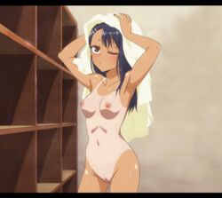 1girls 774_(nanashi) after_shower black_hair blush breasts brown_eyes edit female_focus female_only hayase_nagatoro hi_res kozureokami20 long_hair medium_breasts nipples nude nude_female orange_eyes please_don't_bully_me,_nagatoro pussy simple_background small_breasts smile solo tanline unknown_editor wink