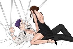 1boy 1boy1girl 1girls aged_up arms_tied assertive assertive_female backless_dress black_dress clothed cowgirl_position female female_focus female_on_top hands_tied high_heels hitoshi_shinso male my_hero_academia ochako_uraraka on_bed purple_hair straddling straight suggestive tied_up undressing