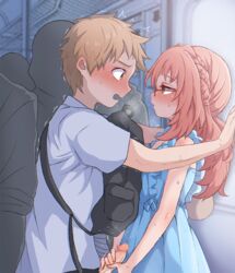 1boy backpack bag blue_dress blush brown_eyes brown_hair censored daram_(shappydude) dress erection eye_contact face-to-face female glasses handjob highres kabedon komura_(sukinako_ga_megane_wo_wasureta) long_hair looking_at_another mie_(sukinako_ga_megane_wo_wasureta) mosaic_censoring motion_lines open_mouth penis shirt short_hair short_sleeves sleeveless sleeveless_dress sukinako_ga_megane_wo_wasureta sundress train_interior trembling white_shirt