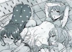 1boy 3girls ahoge bandaid bandaid_on_face bikini blush cum greyscale hair_bobbles hair_ornament interstellar kantai_collection long_hair male_pubic_hair monochrome multiple_girls navel oboro_(kantai_collection) one-piece_swimsuit one_eye_closed open_mouth penis polka_dot polka_dot_swimsuit pubic_hair sazanami_(kantai_collection) scrunchie sex short_hair straight swimsuit tongue tongue_out twintails ushio_(kantai_collection) wrist_scrunchie