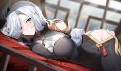 1girls big_breasts blue_eyes blush bodysuit breasts busty cutout female genshin_impact hand_on_hip hi_res hip_focus hip_vent large_breasts looking_at_viewer lying lying_on_table seductive shengtian shenhe_(genshin_impact) small_waist solo_female white_hair