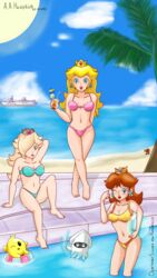 3girls beach big_breasts bikini blonde_hair blooper breasts brown_hair cataquack cleavage color crown daisy_cruiser female female_only hair_over_one_eye large_breasts long_hair luma mario_(series) medium_hair multiple_girls navel nintendo nonude ocean one_eye_closed partially_submerged pool poolside princess_daisy princess_peach princess_rosalina remake remastered shoulder_length_hair super_mario_bros. super_mario_galaxy super_mario_sunshine swimwear water wink аанейрбов